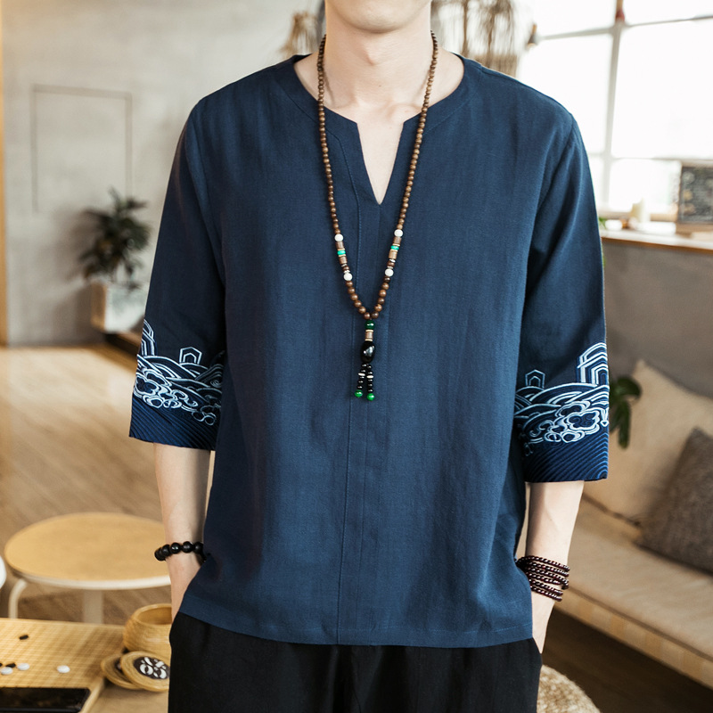 

Traditional Chinese Top for Man Retro V-neck Half Sleeve Hanfu Shirt Summer Wave Embroidery Male Tops Asian Harajuku T-shirt