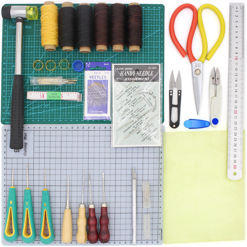 

Leather Craft Crop Tool, Rubber Hammer Waxed Thread Professional Leather Needle Scissors Awl A4 Punch Mat, Art Enthusiast Tools