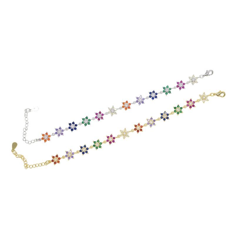 

Multi red green blue cz paved flower Charm Bracelets bangle link rainbow Zircon Stone Fashion tennis chain Jewelry