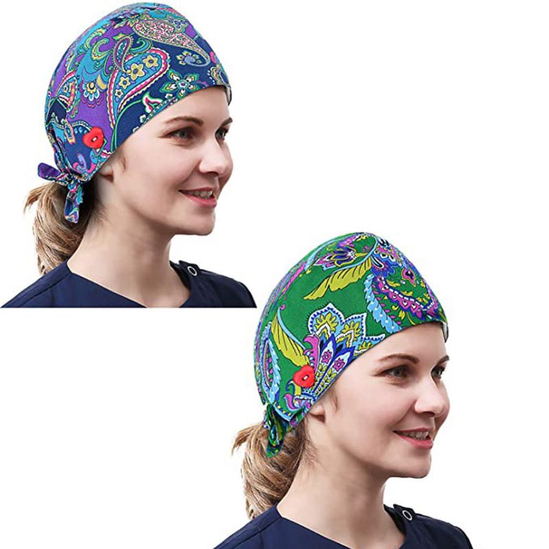 

Women Ethnic Paisley Buttons Scrub Cap wtih Hair Ties Work Bouffant Hat F3MF