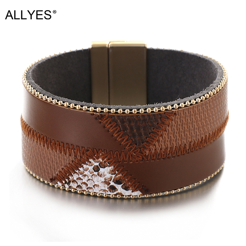 

ALLYES Simple Mulitilayer Leopard Leather Bracelet for Women Fashion Sewing Thread Splice Snake Wrap Bracelets Female Bangles