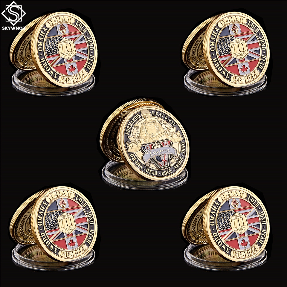5PCS Normandie War 1944.6.6 D-Day 70th Anniversary Sword Omaha Craft Gold Plated Challenge Coins Collectibles-image-586704397