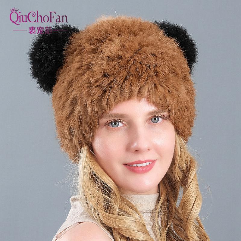 

New Fashion Good Quality Female Winter Women's Vertical Weaving Hat Genuine Natural Fur Cap Lovely Cat Ears Style Hats, Color1