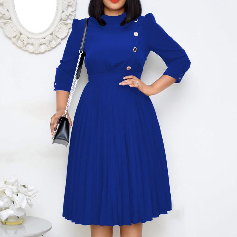 

3XL Elegant Cocktail Dresses Lady Plus Size 2020 Autumn African Female Midi Dresses Solid Pleated Women Cocktail Party Dress, Black