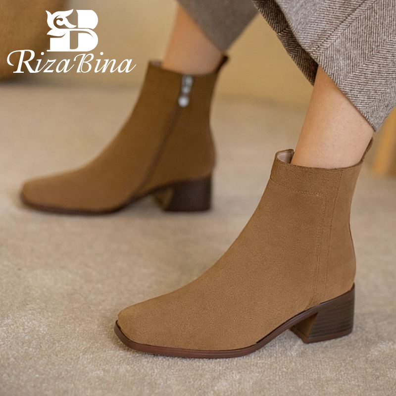 

RIZABINA Flock Women Ankle Boots Thick Heel Square Toe Zipper Shoes Warm Boots Winter Concise Women Fashion Footwear Size 34-39, Black