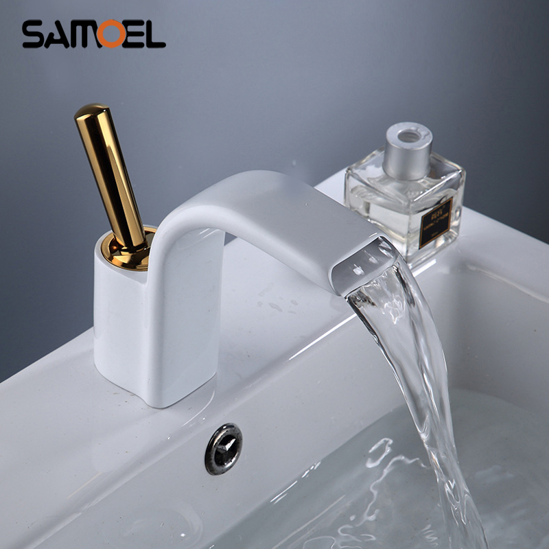 

Creative Deck Mount Brass White Waterfall Bathroom Sink Mixer Tap Golden Single Handle Bathroom Water Faucet W3047