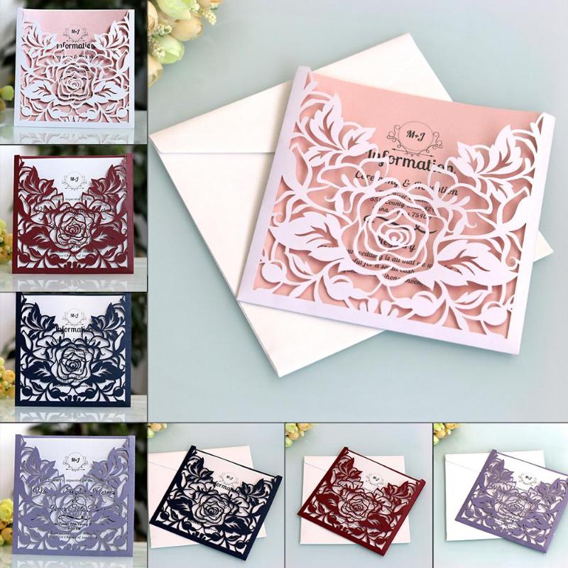 

10pcs/lot Lace Pocket Wedding Invitations Cards Square Laser Cut Rose Flower Greeting Card Invitations Card Event Party Supplie