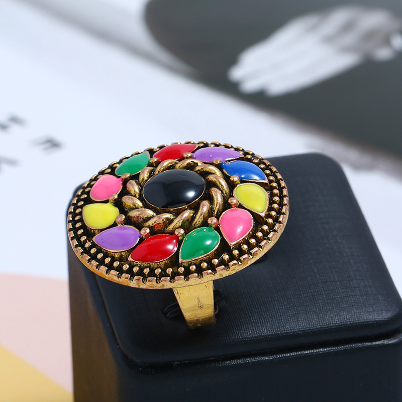 

New Bohemian Adjustable Ring Unique Big Round Multi color Enamel Engagement Rings For Women Afghan Gypsy Jewelry Gifts