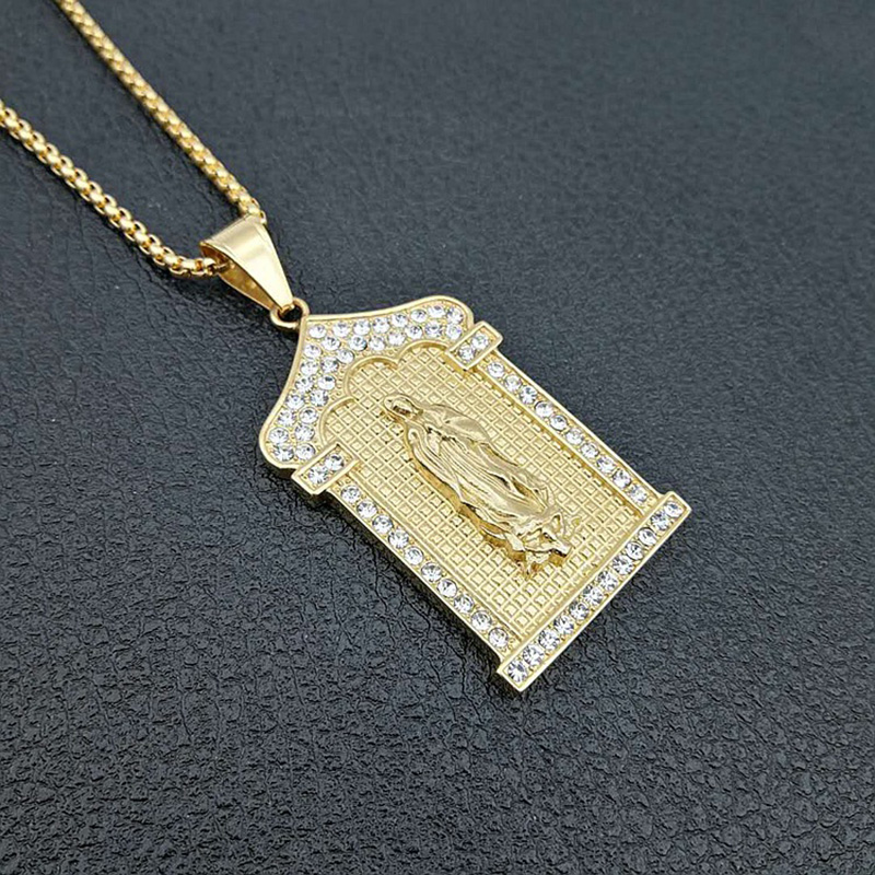 

Hip Hop Rhinestones Paved Bling Iced Out Stainless Steel Virgin Mary Pendants Necklaces for Men Rapper Jewelry Drop Shipping