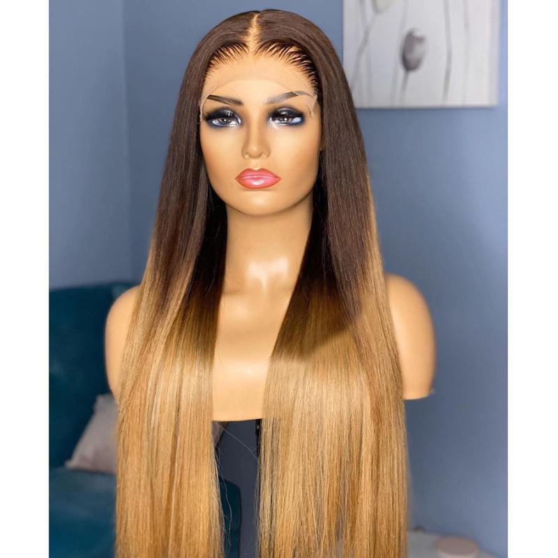 

PAFF 13*4 Wig Ombre 4T27 Color Human Hair Wig Honey Blonde Lace Front Human Hair Wigs Straight Lace Front Brazilian, As pic