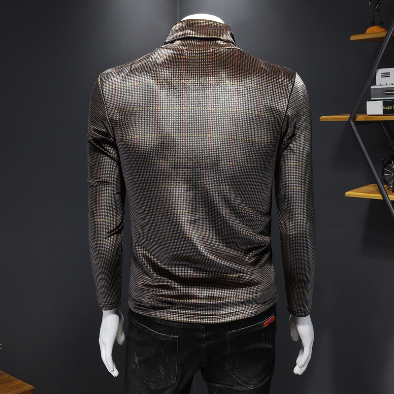 

Autumn and winter new men's plaid slim high collar plus velvet thick gold velvet long-sleeved T-shirt tide brand plus size bottoming shirt, Red