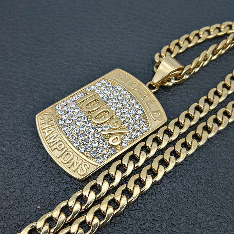 

Hip Hop Bling Iced Out Stainless Steel World Champions Sqaure Pendants Necklaces for Men Rapper Jewelry with 7mm Cuban Chain