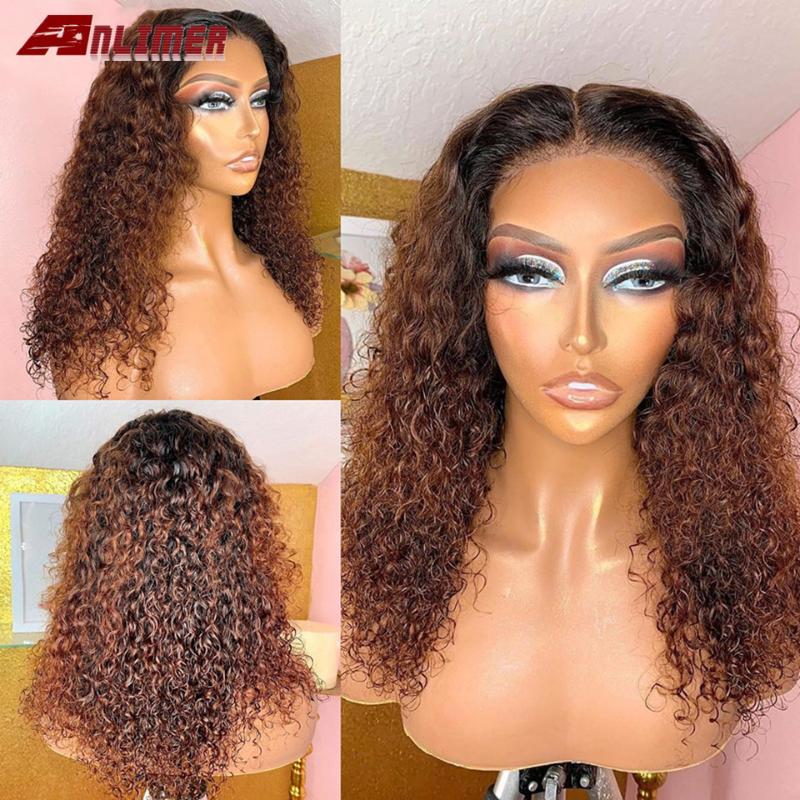 

1B 30 Ombre Colored 13x6 Lace Front Human Hair Wigs Kinky Curly Brown Brazilian Remy PrePlucked Highlight Silk Top 5x5 PU Wigs, 5x5 pu wig
