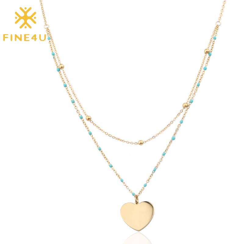

FINE4U N211 Gold Color Heart Pendants Necklace For Women Double Layer Stainless Steel Chain Rosary Beads Necklace Wholesale
