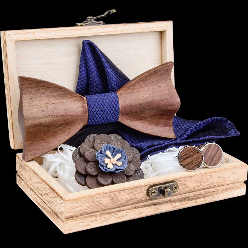 

New Navy 3D Wooden Bow Tie Handkerchief Cufflinks Brooch Sets For Mens Marry Wedding Wood Bowtie Accessories Gifts With Box Ties