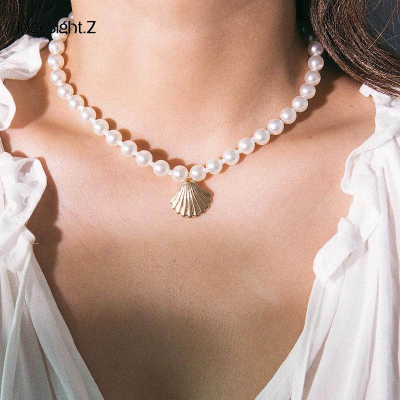 

IngeSight.Z Bohemian Imitation Pearl Choker Necklace Collar Women Statement Gold Color Scallop Shell Pendant Necklace Jewelry