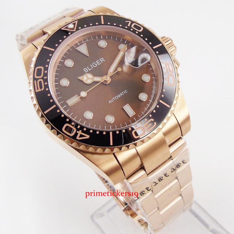 

40mm BLIGER brown dial date indicator mental strap bracelet clasp mechanical automatic men's watch with magnifier, Without logo
