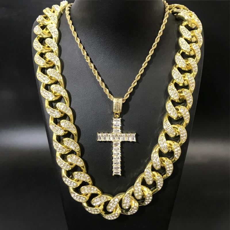 

Pendant Necklaces Hip Hop Men Gold Color Out Cuban Crystal Miami Necklace Circle Alphabet Fashion For