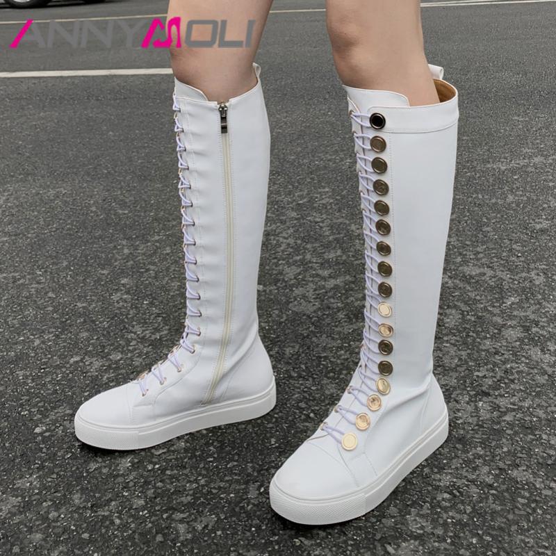 

ANNYMOLI Winter Knee High Boots Women Natural Genuine Leather Flat Long Boots Zip Round Toe Tall Shoes Ladies Autumn Size 34-39, Black synthetic lini
