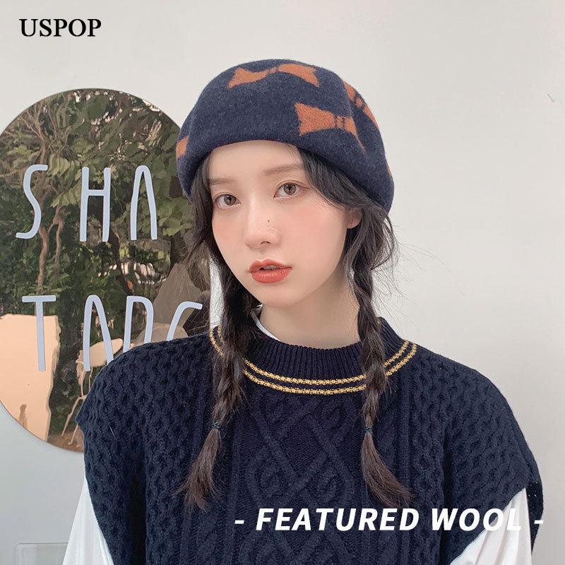 

USPOP 2020 Winter hats women wool berets bow beret hat female thick warm hats, Yellow