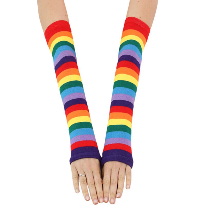 

Womens Autumn Jacquard Knitted Cotton Sunscreen Arm Sleeve Fingerless Gloves Rainbow Striped Printed Colorful Thigh High Leg War