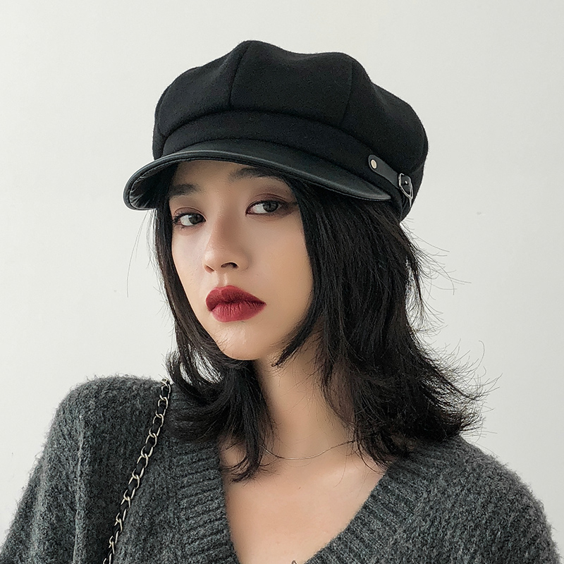 

New Autumn 2020 Winter Black Beret femme Leather French Hat Women British Style gavroche Black Beret Newsboy Cap