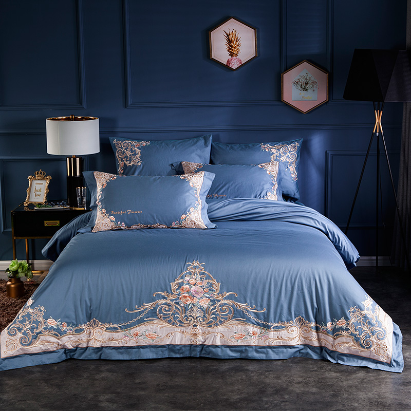 

American Classic Blue Embroidery Luxury Bed Suit Egyptian Long-staple Cotton Bed Cover Down Quilt Suit Sheet Pillow, Color2
