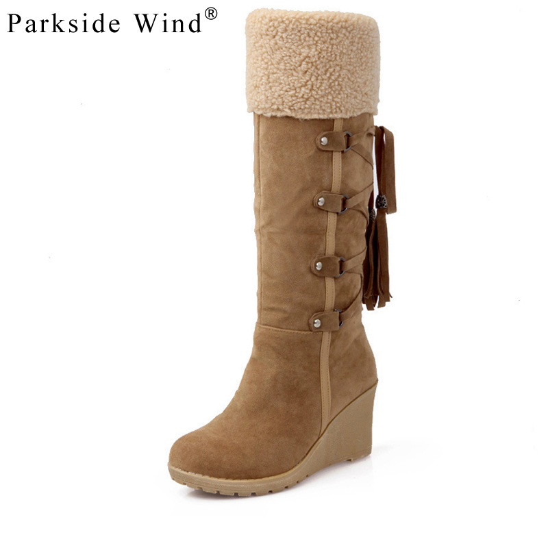 

Parkside Wind Snow Boots Winter Flock Cross-tied Fringe Women Boots Wedges High Heels Fur Warm Plus Size Botas Mujer XWC2667-45, Brown