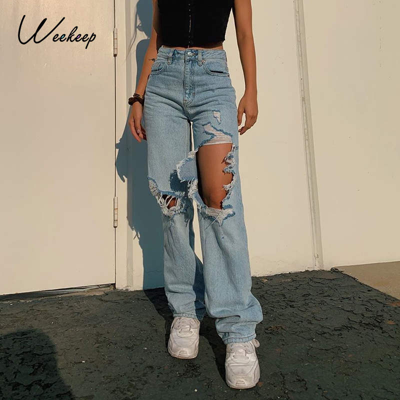 

Weekeep Fashion Irregular Fringed Holes Jeans Women Streetwear High Waist Vintage Straight Denim Pants Ladies Loose Punk Trouser, Blue