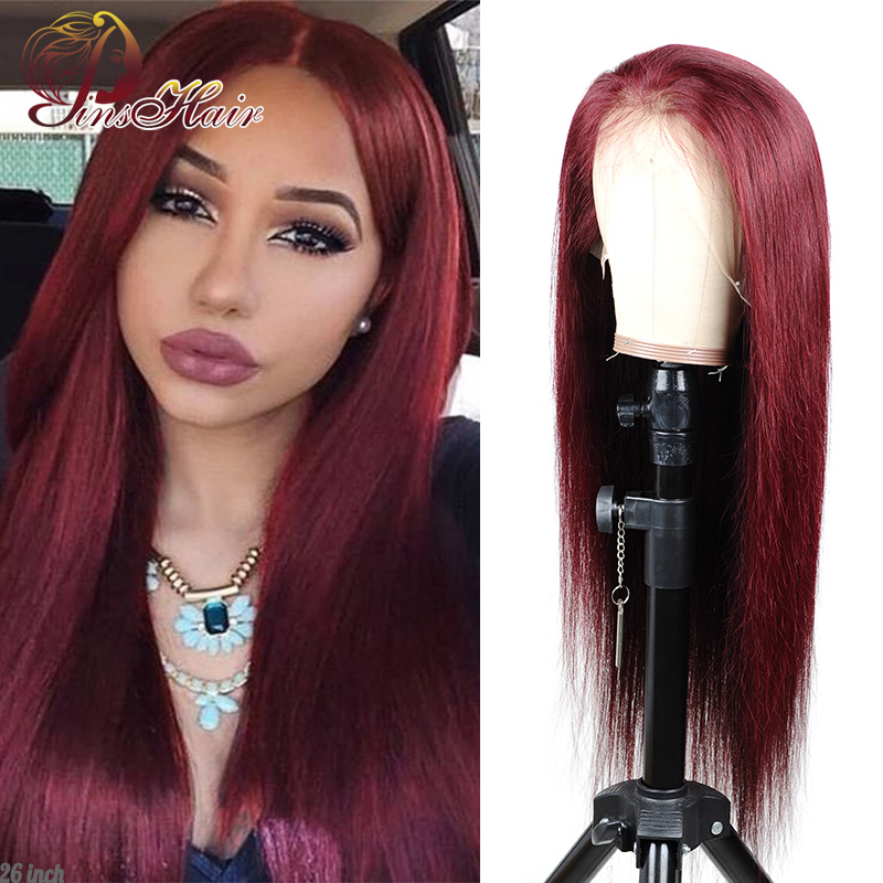 

Pinshair 13*1 Red 99J Lace Part Wig Human Hair Brazilian Straight Lace Front Human Hair Wigs 150% Density Pre Plucked Remy Wigs, As pic