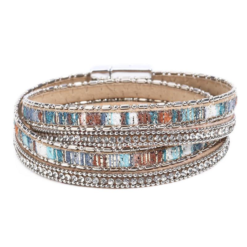 

2020 Handmade Bohemian Ethnic Rhinestone Crystal Wrap Leather Bracelet Female Multilayer Wide Cuff Bracelets Magnetic Jewelry
