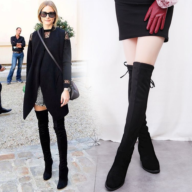 

Timalina Fashion Woman Over The Knee Boots Winter Thigh Lace up Ladies Botas Round Toe High Short Plush Square Heel Flock Basic, Black
