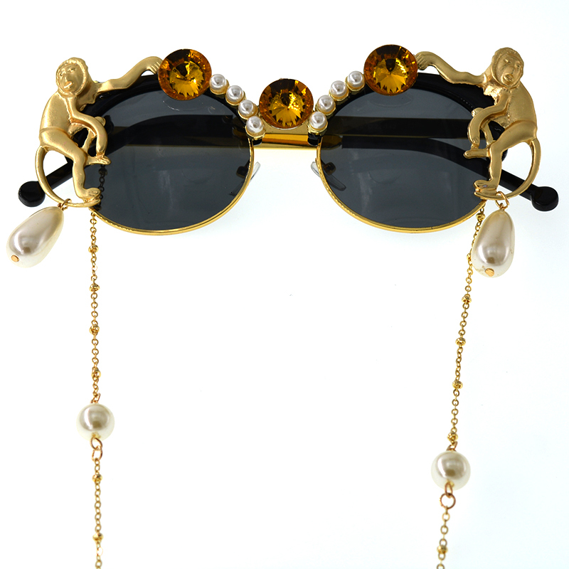

2020 Lady Gold Monkey Baroque Sunglasses Brand Metal Retro Leopard Frame Beach Metal Chain Pearl Round Sun Glasses for Women