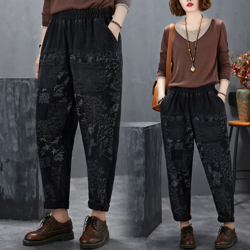 

High Quality Women M-2XL Retro Printed Loose Oversize Jeans Boyfriend Style Ripped Casual Denim Patchwork Pocket Harem Pants, Black
