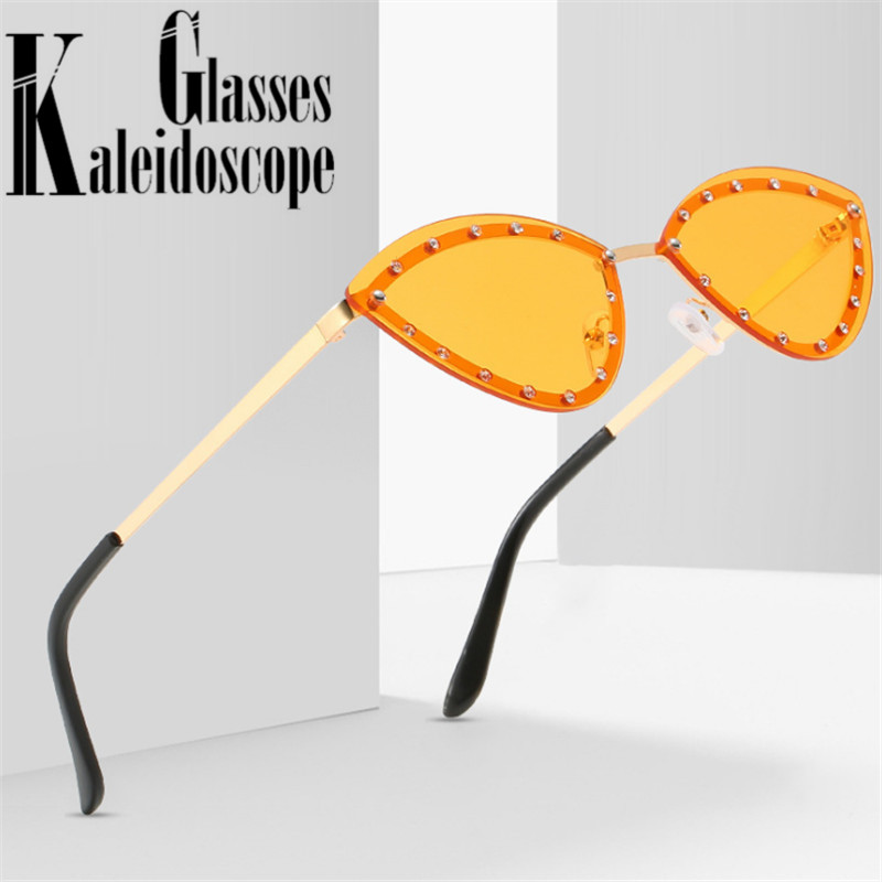 

Cat Eye Sunglasses Women Cute Sexy Vintage Rimless Sun Glasses Retro Diamond Mirror Eyewear Shades Ladies Yellow Glasses UV400