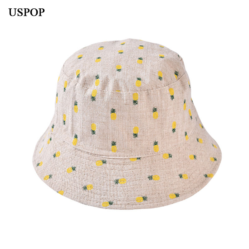 

2020 new Woman Cotton Bucket Hats Wide brim Casual Sun Hats Cute pineapple Print Flat top casual outdoor, Khaki
