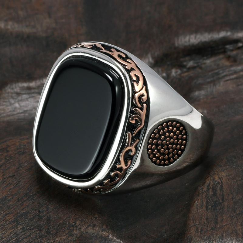 

Real Pure Mens Rings Silver s925 Retro Vintage Turkish Rings For Men With Natural Black Onyx Stones Turkey Jewelry