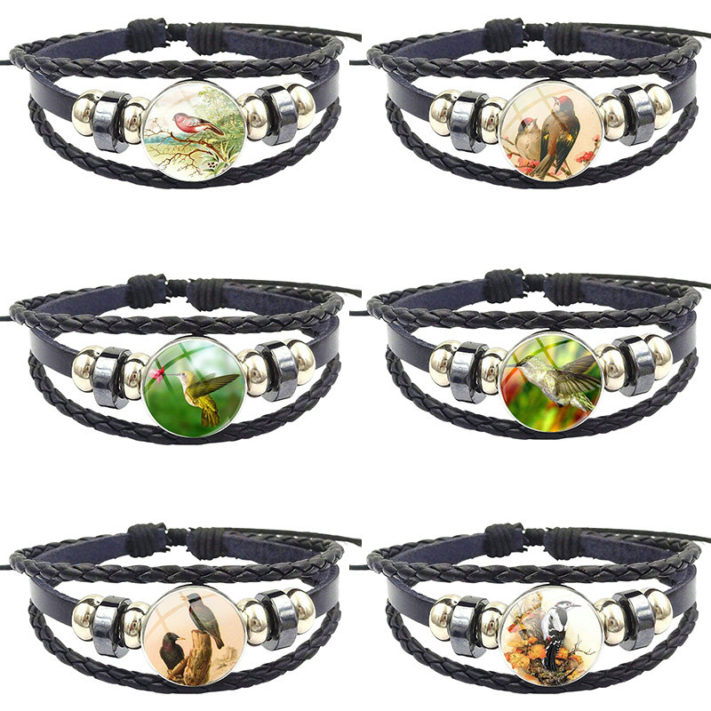

For Women Girl Gift Vintage Jewelry With Plated Glass Cabochon Black Leather Bracelet Bangle Green Purple Hummingbird