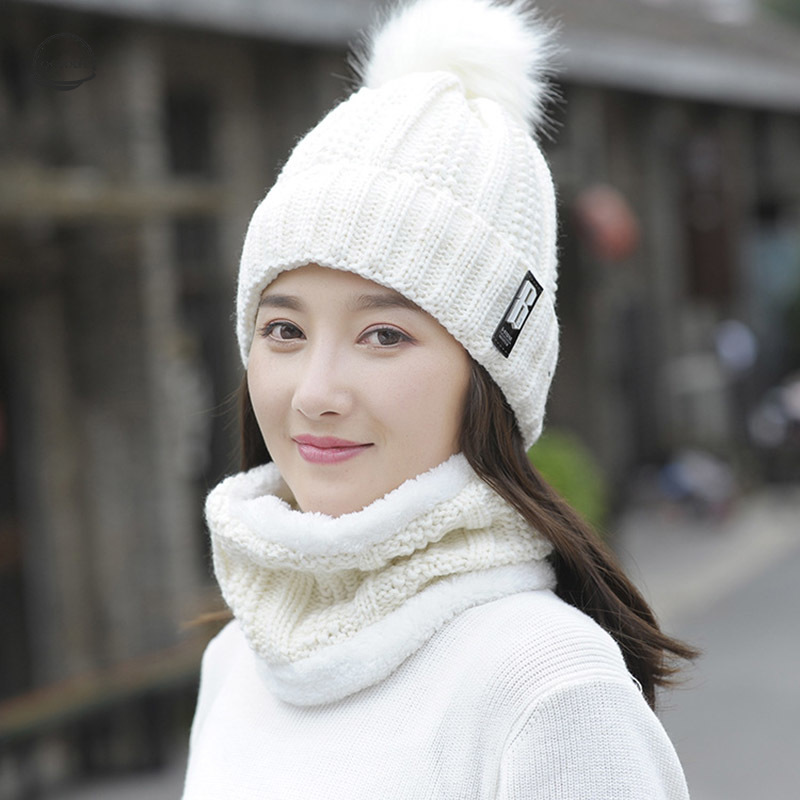 

2020 Winter Hats for Women Knitted Woolen Cap Scarf Suit Women Hooded Autumn Winter Plush Knitted Woolen Hat Fashion Letter Hat, Pink