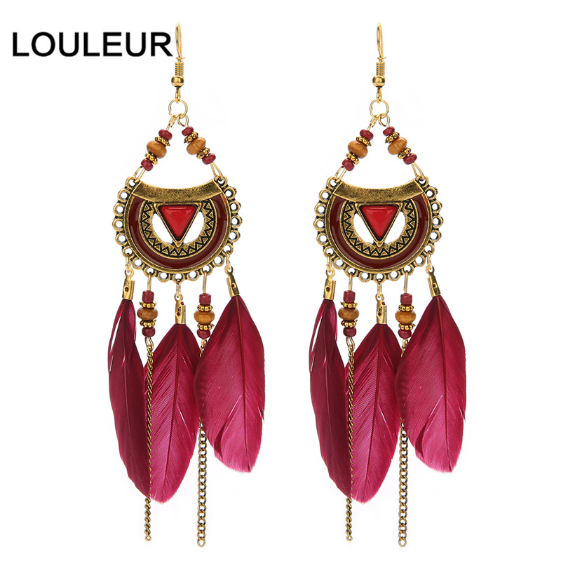 

4 Colors Feather Vintage Bohemian Fringed water drops earrings temperament wild earrings super fairy Boho Jewelr
