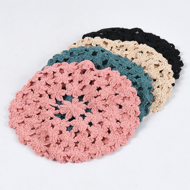

Women Handmade Crochet Beret Cap Solid Color Hollow Out Sweet Floral Weave Lady Leisure Vintage Slouchy Painter Hat, Blue