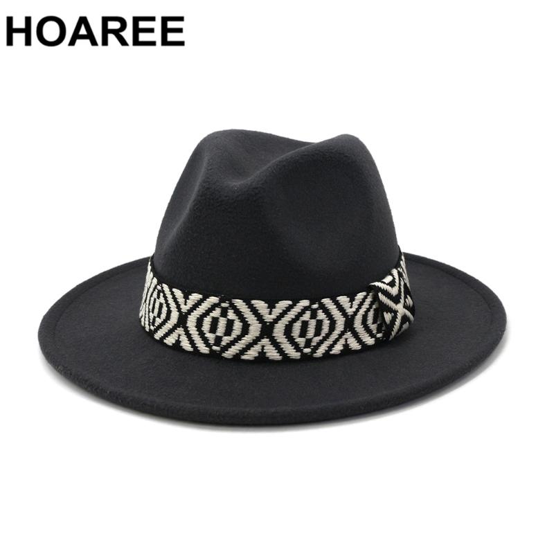 

Wide Brim Hats HOAREE Women Men Fedoras Indy Hat Black Vintage Jazz Autumn Winter Woolen Panama Cap Outdoor Brand Male Female Trilby, White