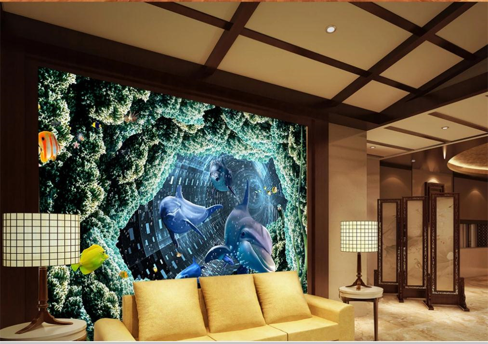 

3d murals wallpaper for living room 3D stereo dolphin wallpapers TV background wall decoration painting, Blue