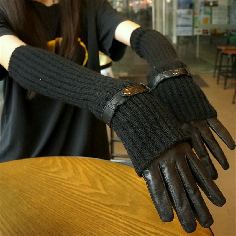 

Women's Genuine Leather Gloves Two-Piece Sheepskin Gloves Hair Arm Sleeve Long Style Fashion Female JM222