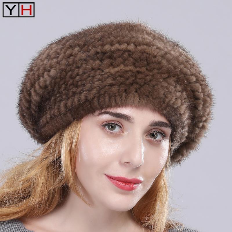 

Hot Sale Lady real Berets Natural handmade knit hat winter fashion casual fur caps 100%real caps, Black