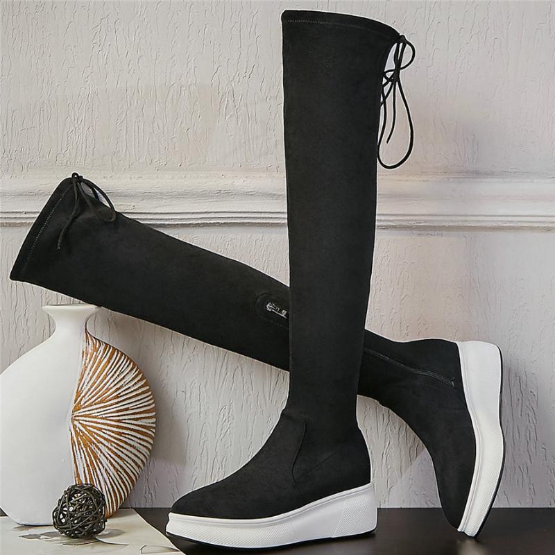 

Women Lace Up Stretchy Velvet Wedges High Heel Over The Knee High Boots Female Pointed Toe Fashion Sneakers Platform Pumps Shoes, Black