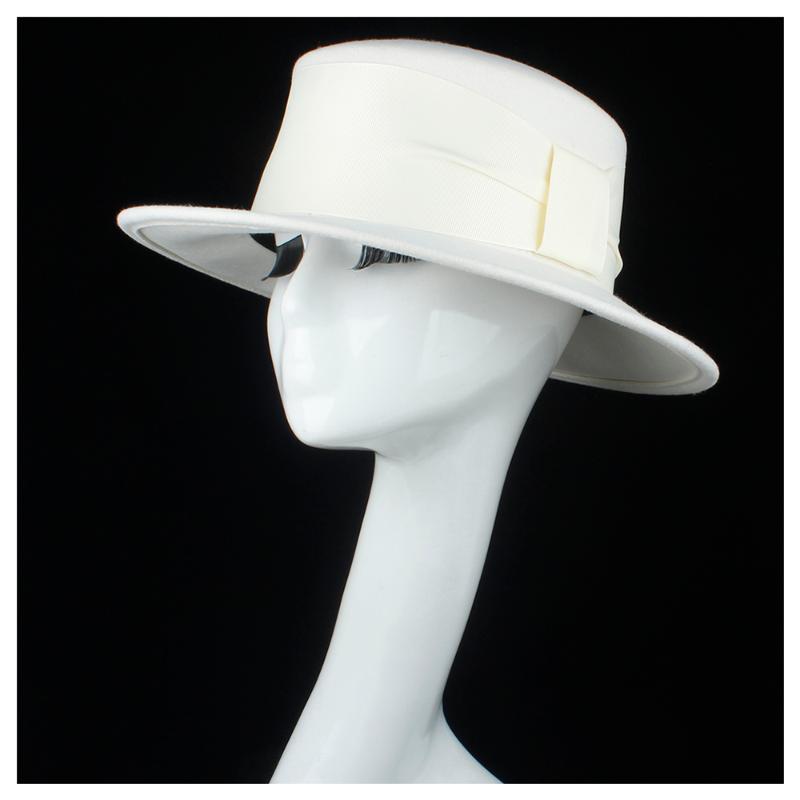 

100% Wool Authentic Women Flat Top Hat With Ribbon Fedora Hat For Elegant Lady Wide Brim Fascinator Jazz, White