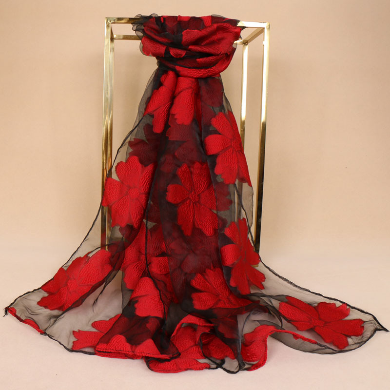 

2020 Women Thin Soft Scarf Embroidered Floral Silk Scarf Summer Beach Wrap Shawl Stole Foulard Female Bandana Hijab