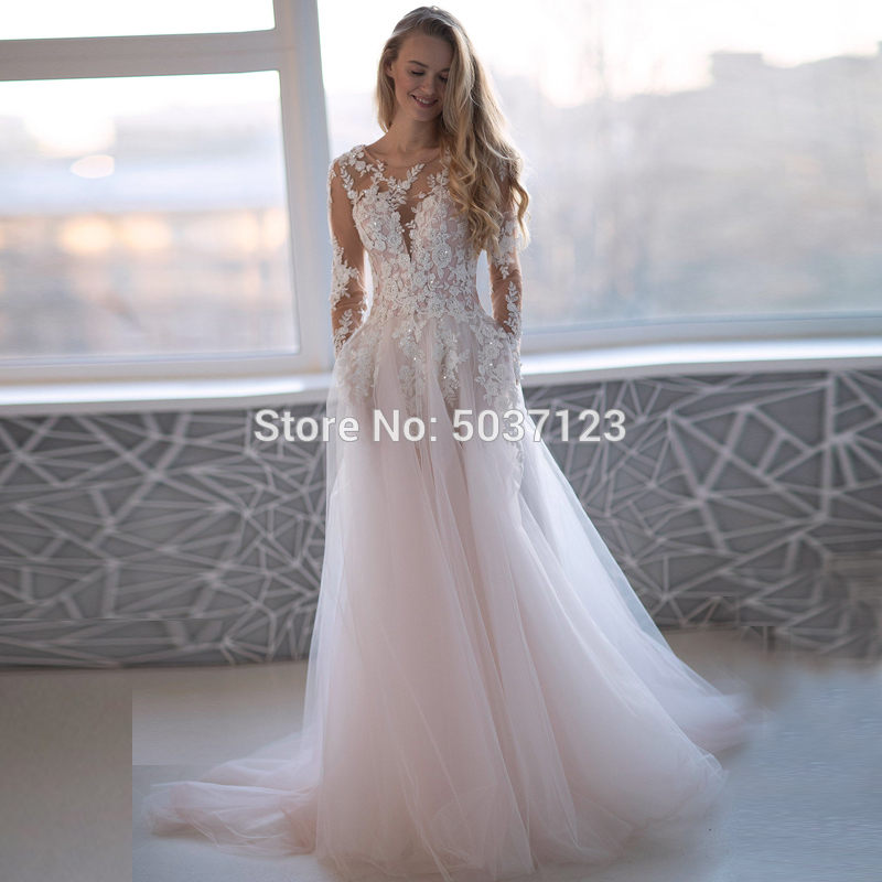 

Romantic Pink Tulle Long Sleeves Wedding Dresses Beading Lace Appliques Scoop Backless Bridal Wedding Gowns Robe De Mariée, Ivory