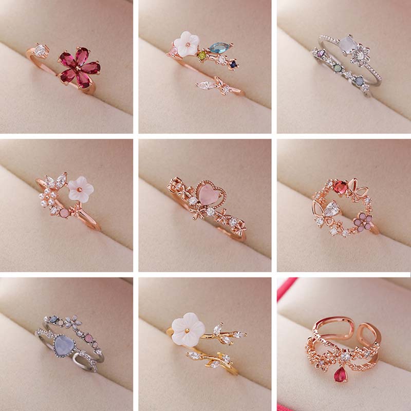 

Open Ring Flower Branch Leaf Adjustable Finger Rings For Women Rose Gold Zircon Copper Jewelry Wedding Anniversary Gift